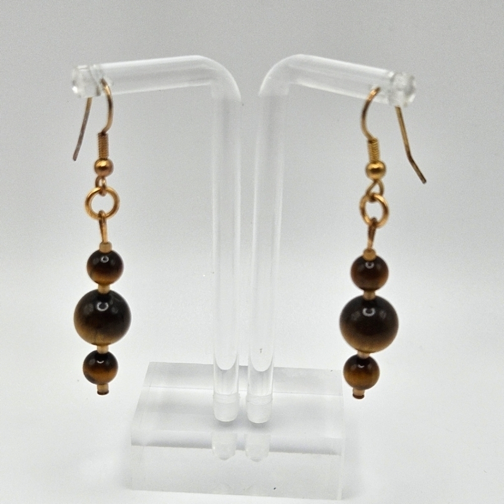 VINTAGE Tiger's Eye Three Bead Drop Dangle French Hook Earrings